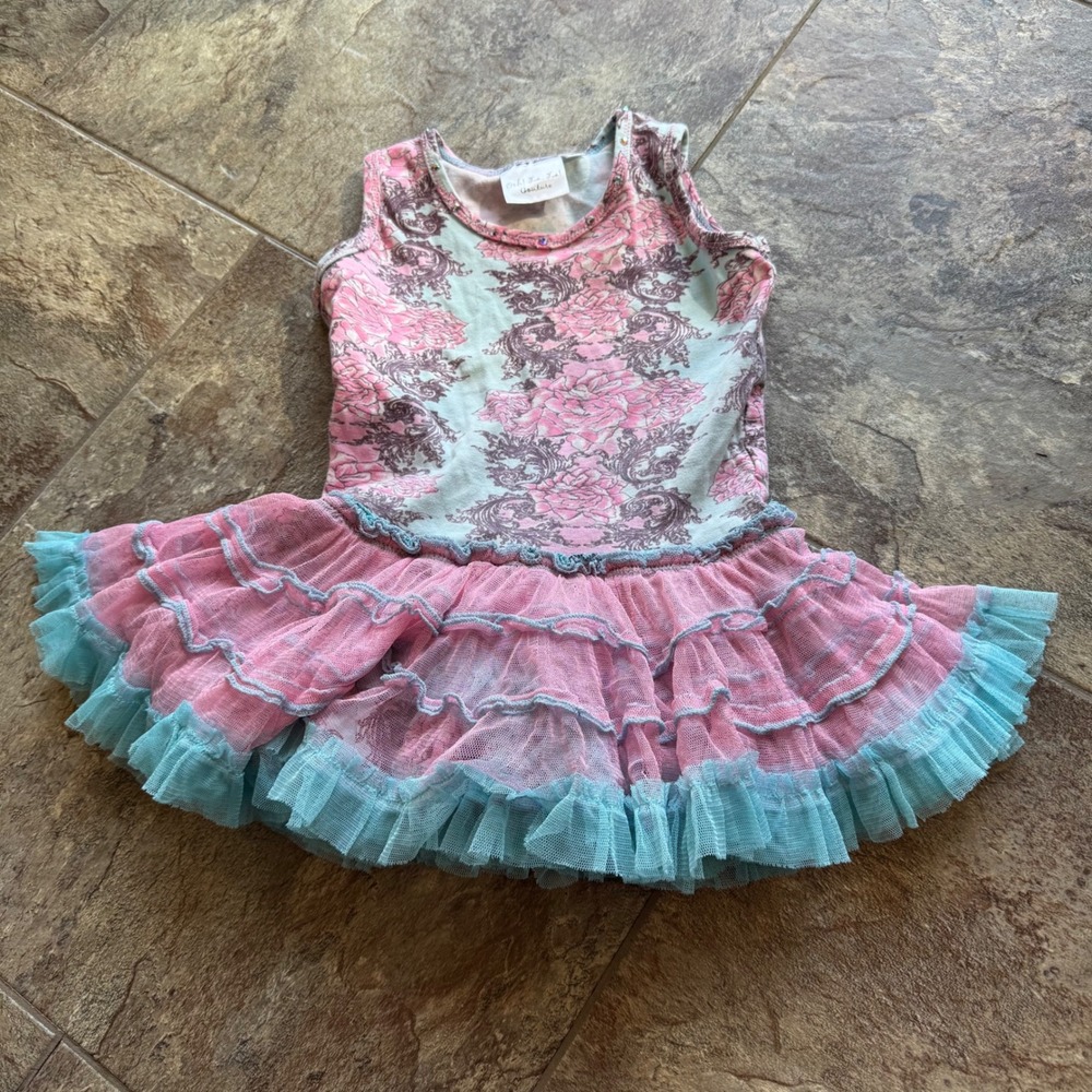 Ooh! La, La! Couture Girls Dress 2T Pink Blue Floral Ruffle Layered Dress EUC